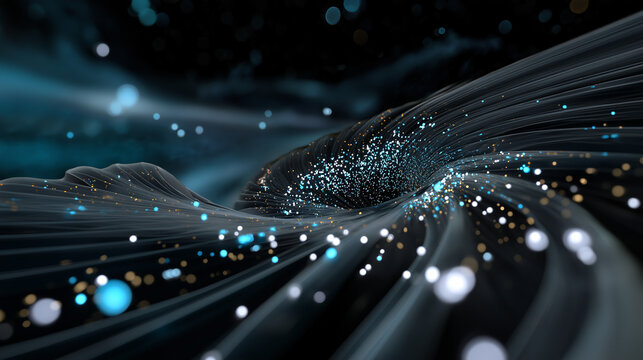 Close-up of data particles floating on waves, spiraling upward into a curved dome.