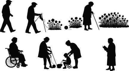 elderly, senior, aging, people, lifestyle, walker, cane, wheelchair, reading, flowers, caregiving, mobility, family, support, health, retirement, silhouette, activity, illustration, vector, design