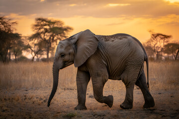 Obraz premium A massive bull elephant with huge ears and an enormous trunk grazes in the tall grass on an African safari