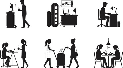 daily life, routine, lifestyle, people, shopping, dining, working, laptop, computer, kiosk, media, editing, coffee, silhouette, activity, office, study, urban, illustration, vector