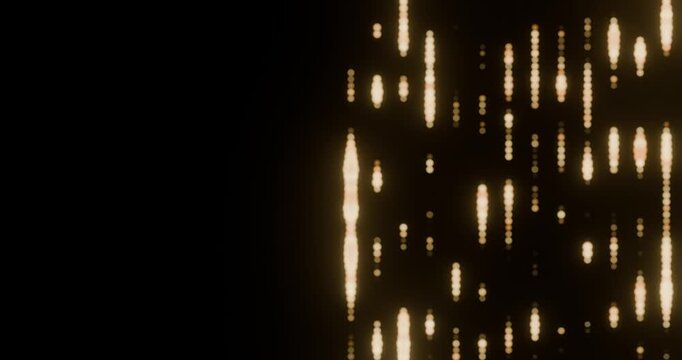Anima&ccedil;&atilde;o abstrata com part&iacute;culas douradas formando colunas verticais que cintilam e caem suavemente sobre um fundo preto. Visual elegante e luxuoso, &oacute;timo como background
