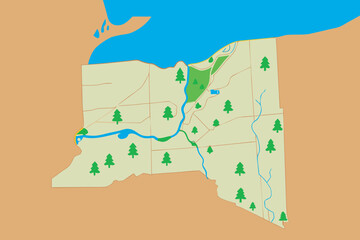 Fototapeta premium Stylized Map of New York State with Trees and Water Keywords: New York, map, stylized