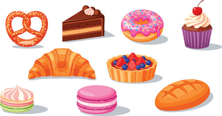 Cartoon Bakery and Dessert Illustration Set Featuring Pretzel, Cake, Donut, Cupcake, Croissant, Tart, Macaron, Bread for Food Concepts