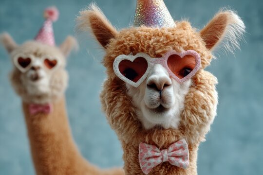 Two llamas wearing festive party hats and heart-shaped sunglasses celebrate a joyful occasion in a cheerful setting