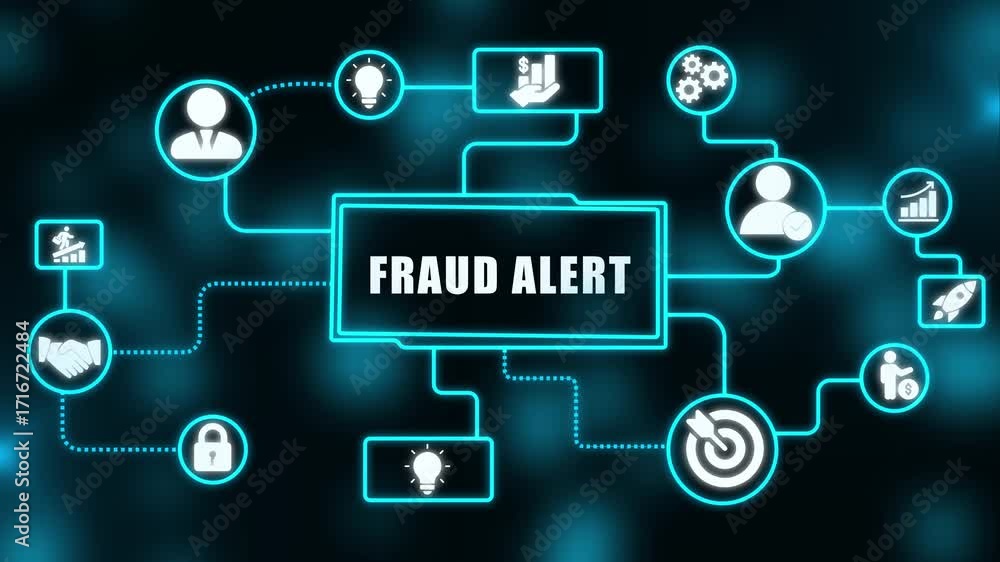 Poster conceptual neon graphic displaying fraud alert and data analysis network