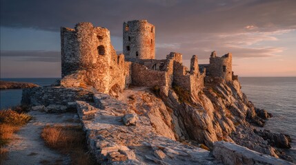 Fototapeta premium Ancient stone castle ruins on rocky coast 