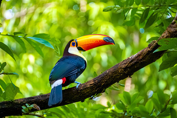 A wild and colorful toco toucan with a large yellow-orange beak perched on a tropical tree branch in the Amazon rainforest