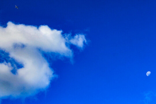 A serene blue sky with a lone cloud, a distant airplane, and the moon - Powered by Adobe