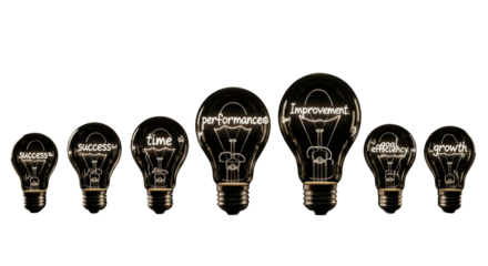 Classic clear glass light bulbs, small to medium, with unique glowing handwritten words as filaments, arranged horizontally on pure black background. Concept of strategic business principles and