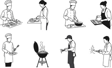 cooking, chef, kitchen, food, culinary, barbecue, grilling, baking, preparation, serving, seasoning, lifestyle, restaurant, cuisine, meal, cook, recipe, gastronomy, illustration, vector