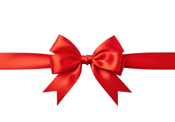 A vibrant red satin ribbon, meticulously tied into an elegant bow, shimmering luxuriously on a transparent seamless background with copy space, festive gift concept