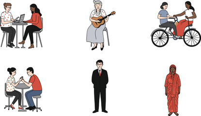 people, lifestyle, culture, activity, music, guitar, bicycle, teamwork, conversation, friendship, tradition, fashion, suit, dress, interaction, social, diversity, illustration, character, vector