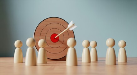 Aim for Success: a Wooden dart, perfectly striking the center of a bullseye, signifies achievement. A group of wooden figurines stands nearby.