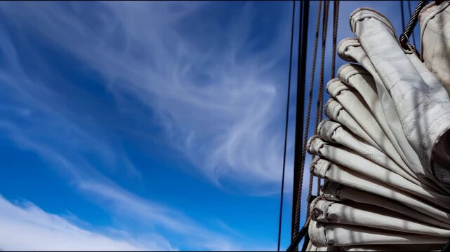 Classic boat folded sail. Time lapse wispy clouds in the saky. Textures and shapes of vintage sailing environment. Sense of adventure, nostalgia, maritime tradition.