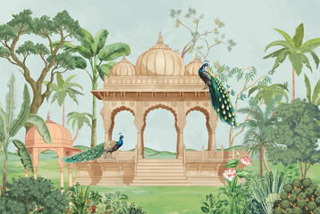 Traditional Mughal dome architecture with botanical garden illustration. Mughal garden pavilion with peacocks mural wallpaper. © Design 35