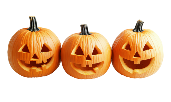 Three carved jack-o'-lantern pumpkins with cheerful, toothy faces arranged side by side