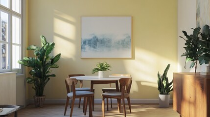 Interior view of a room with a table chairs plants and artwork.
