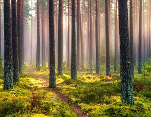 Obraz premium Misty pine forest path