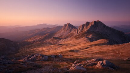 Fototapeta premium Sunset view over rocky mountain hills 