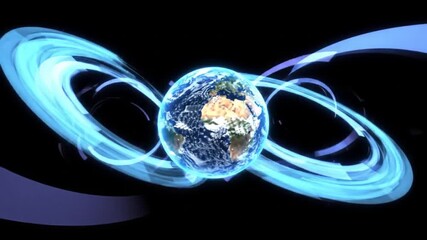 Earth surrounded by swirling, luminous blue trails on a black background