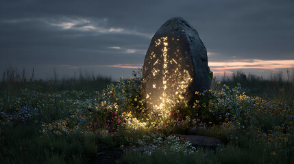 Mysterious standing stone with glowing runes in a field at dusk, evoking ancient magic and folklore with a sense of wonder and timelessness