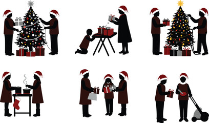 Christmas, holiday, family, celebration, gifts, tree, Santa hats, festive, winter, tradition, lifestyle, children, food, joy, togetherness, party, decoration, happiness, cooking, illustration, vector