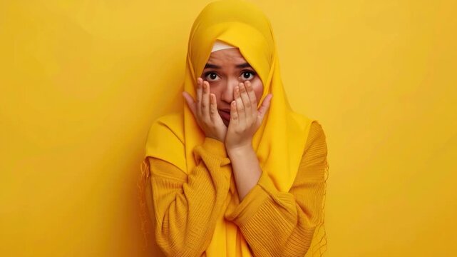 A woman wearing a yellow hijab covers her face with her hands, conveying modesty and secrecy
