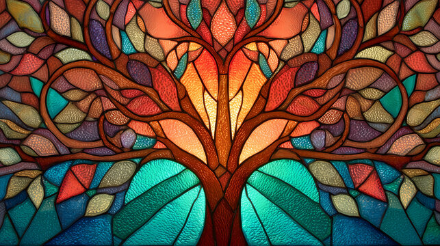 A close-up of a stained-glass Tree of Life with radiant colors