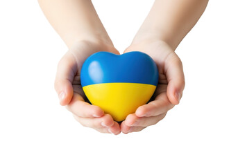 Delicate child's hands (5-7, fair skin) gently cup a heart in vibrant blue and yellow, Ukrainian flag colors, on transparent background, concept of peace and Ukrainian solidarity