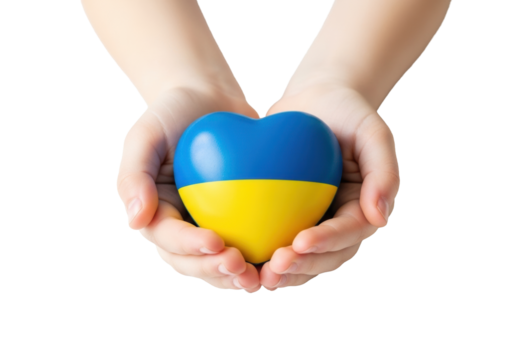 Delicate child's hands (5-7, fair skin) gently cup a heart in vibrant blue and yellow, Ukrainian flag colors, on transparent background, concept of peace and Ukrainian solidarity