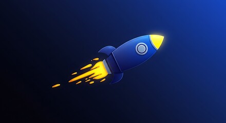 Cartoon rocket ship blasting off into dark blue space with fiery exhaust
