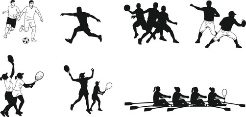 sports, silhouettes, soccer, basketball, boxing, badminton, tennis, rowing, teamwork, competition, fitness, athletic, activity, exercise, training, lifestyle, recreation, dynamic, illustration, vector
