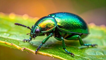 Fototapeta premium Close-up of iridescent beetle on leaf