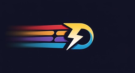 A stylized letter D with a vibrant rainbow trail and a lightning bolt symbol, conveying speed and energy.