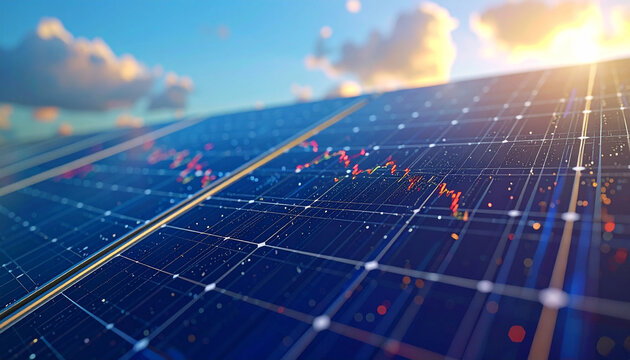 Solar Panel with Trading Chart Overlay: A solar panel, bathed in the golden glow of the rising sun, is overlaid with a dynamic trading chart.