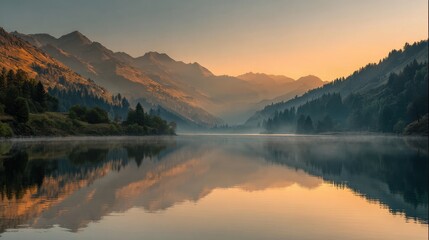 Tranquil Mountain Lake at Sunrise Reflection
