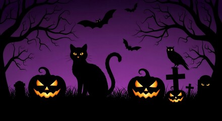 Spooky Halloween scene with black cat, glowing jack o lanterns, bats, and owl against a purple background