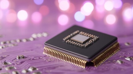 Central processing unit resting on circuit board with purple lights in background