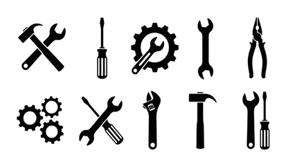 Black silhouette 10 icon set - Tools and Service icons with wrench, screwdriver, gear symbols