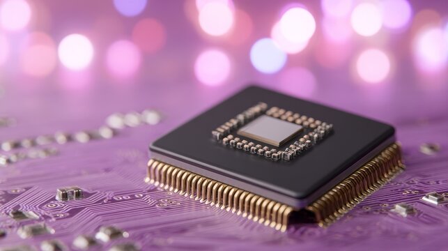 Central processing unit resting on circuit board with purple lights in background