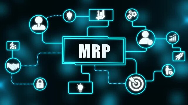 Modern business concept illustrating material requirements planning process with neon graphics