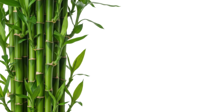 Vibrant, lush green bamboo stalks with tender leaves and nodes, naturally grown in a modern studio with soft lighting, framing a vast white copy space. Concept of natural purity and growth