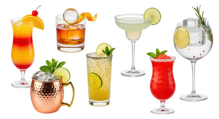 Seven vibrant, distinct alcoholic cocktails, prepared and garnished in various glassware, isolated on transparent studio background, concept for beverage advertising and mixology