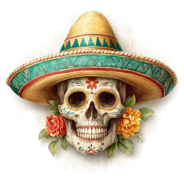 Colorful sugar skull with wide brimmed hat