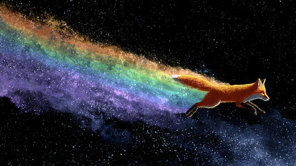 A vibrant digital artwork featuring a fox leaping through a colorful cosmic stream against a dark, starry background, blending fantasy and wildlife elements