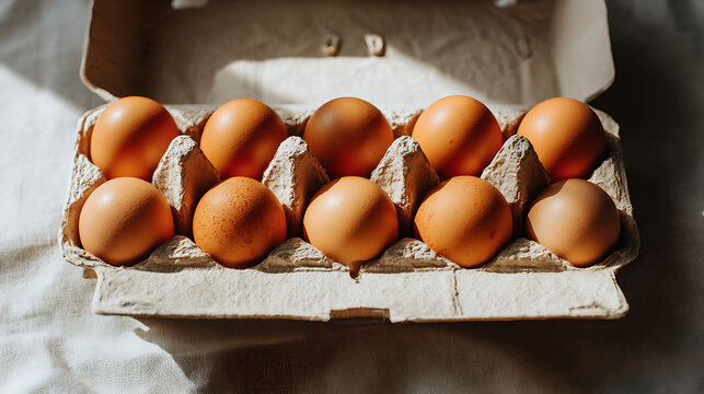 Carton of ten brown eggs, showcasing their natural color and texture, perfect for culinary use and baking, a symbol of freshness and wholesome nutrition