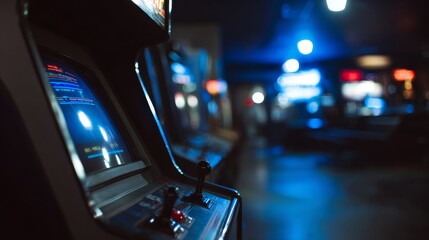 Retro arcade game machine displaying futuristic cityscape at night