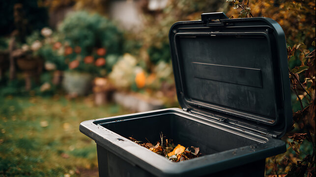 Black compost bin with open lid in garden, perfect for recycling organic waste and promoting sustainable gardening practices in backyard