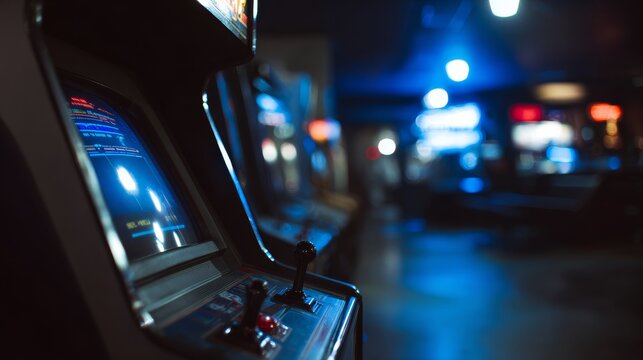 Retro arcade game machine displaying futuristic cityscape at night