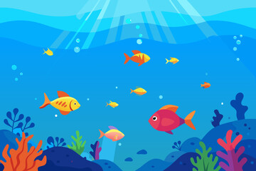 Fototapeta premium Colorful cartoon fish swimming in a bright blue underwater scene
